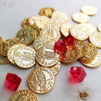 Expanded view of a cluster of metal game coins and gem tokens