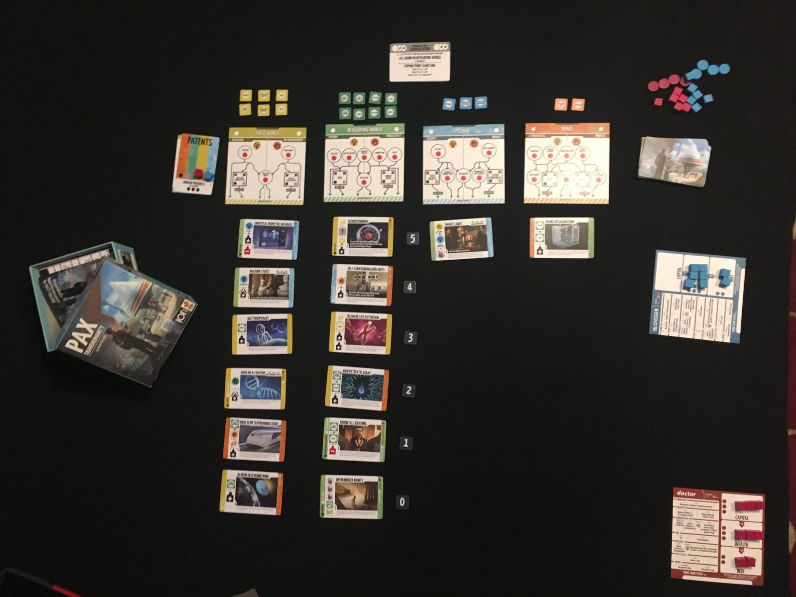 PAX Transhumanity Board Game - Game components displayed in their playing positions. Including, cards, infrastructure placards, and tokens