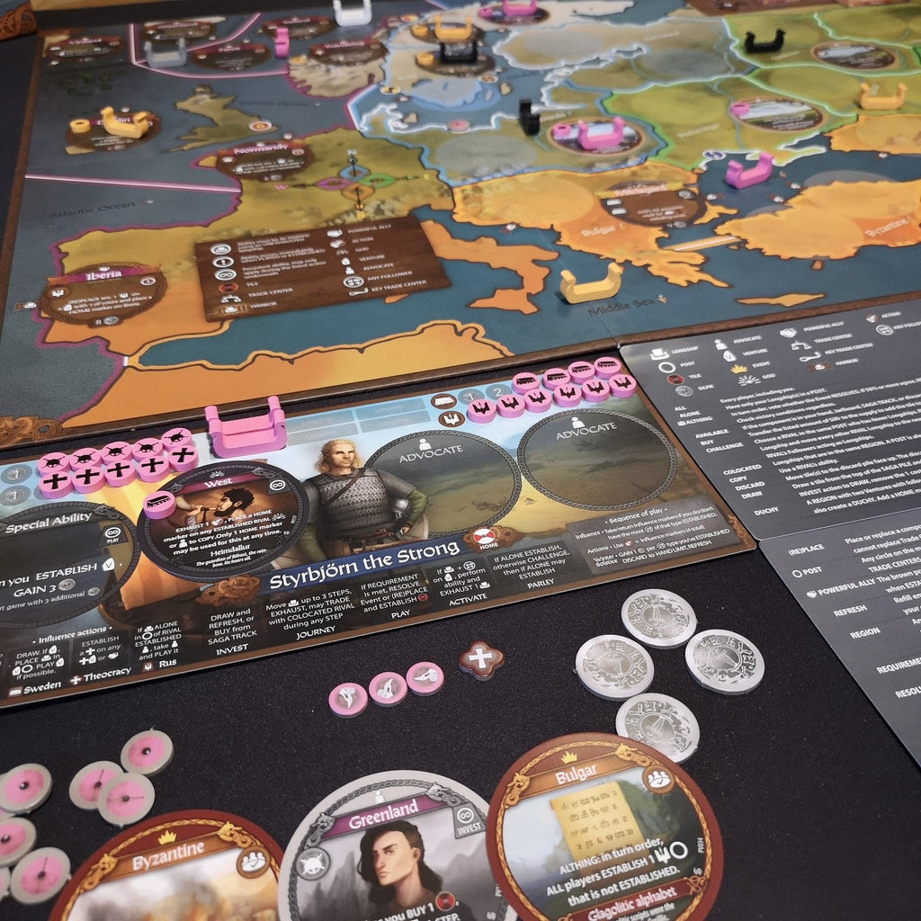 PAX Viking Board Game - Expanded view of Styrbjörn the Strong character card accompanied by tokens