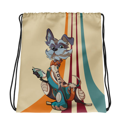 Fluffy frontier: TOVA drawstring bag - Front view of bag embellished with TOVA, ION's popular board game character