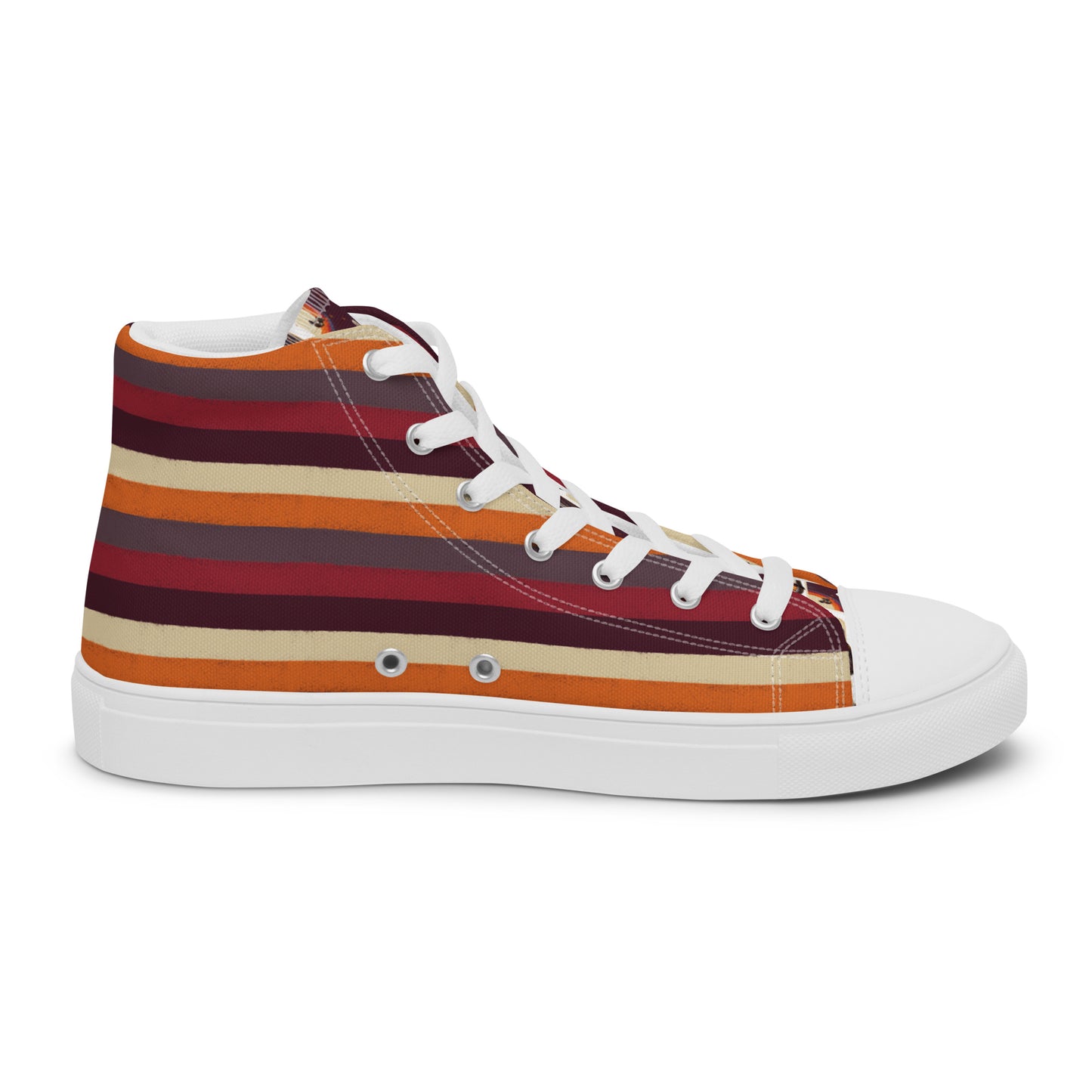  FLUFFY FRONTIER: Men’s high top striped canvas shoes - right view of shoe