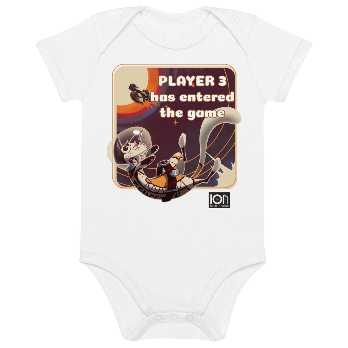 Fluffy Frontier: Organic cotton baby bodysuit - Front view of the bodysuit, featuring ION's popular board game character, Félicette