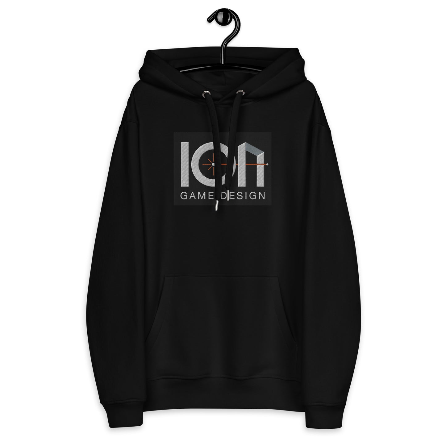 ION Game Design Premium ECO Hoodie - Black version of the hoodie embroidered with the company's logo