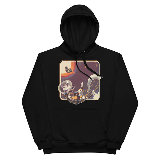 Fluffy Frontier: Premium ECO Hoodie - Black hoodie design, embellished with ION's popular board game character, Féllicette