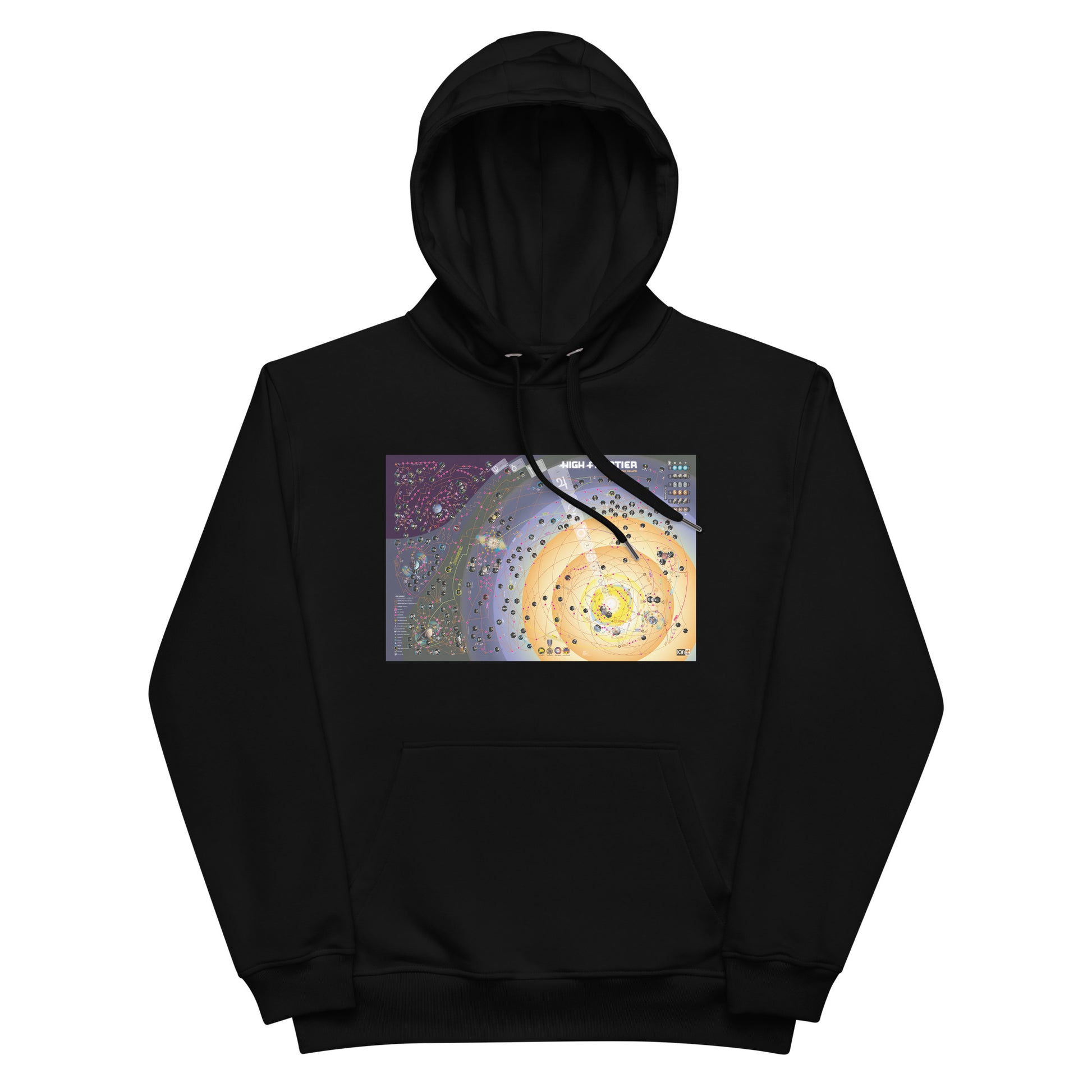 High Frontier 4 All Map Premium ECO Hoodie - Black version of the hoodie displayed. Embellished with the board design from ION's popular board game, High Frontier 4 All