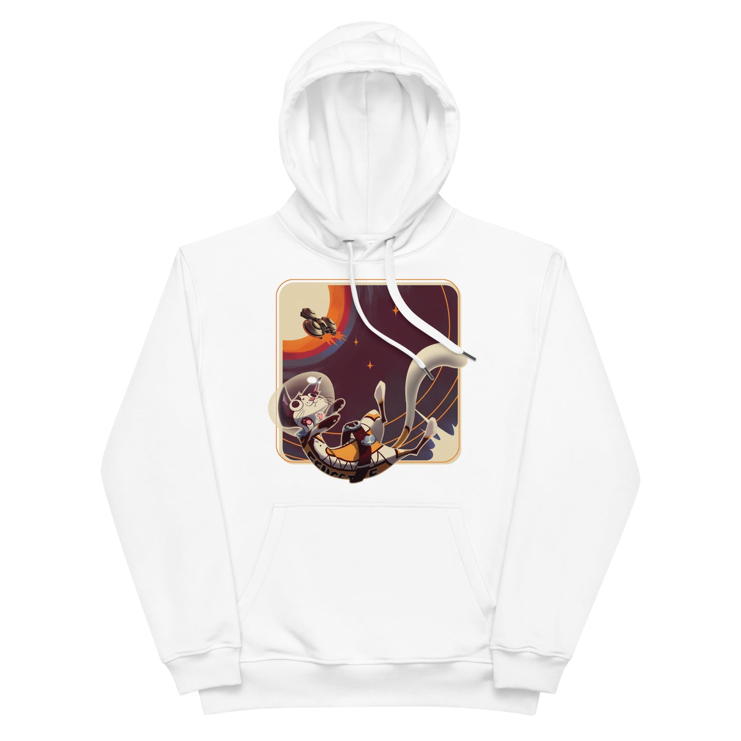 Fluffy Frontier: Premium ECO Hoodie - White hoodie design, embellished with ION's popular board game character, Féllicette