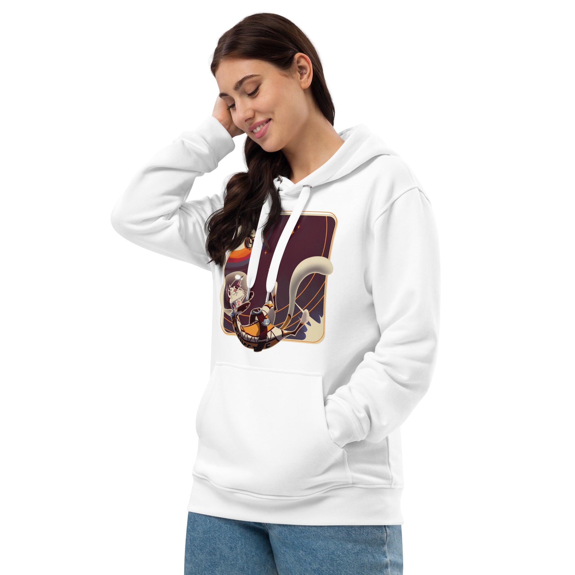 Fluffy Frontier: Premium ECO Hoodie - White version of the hoodie being worn