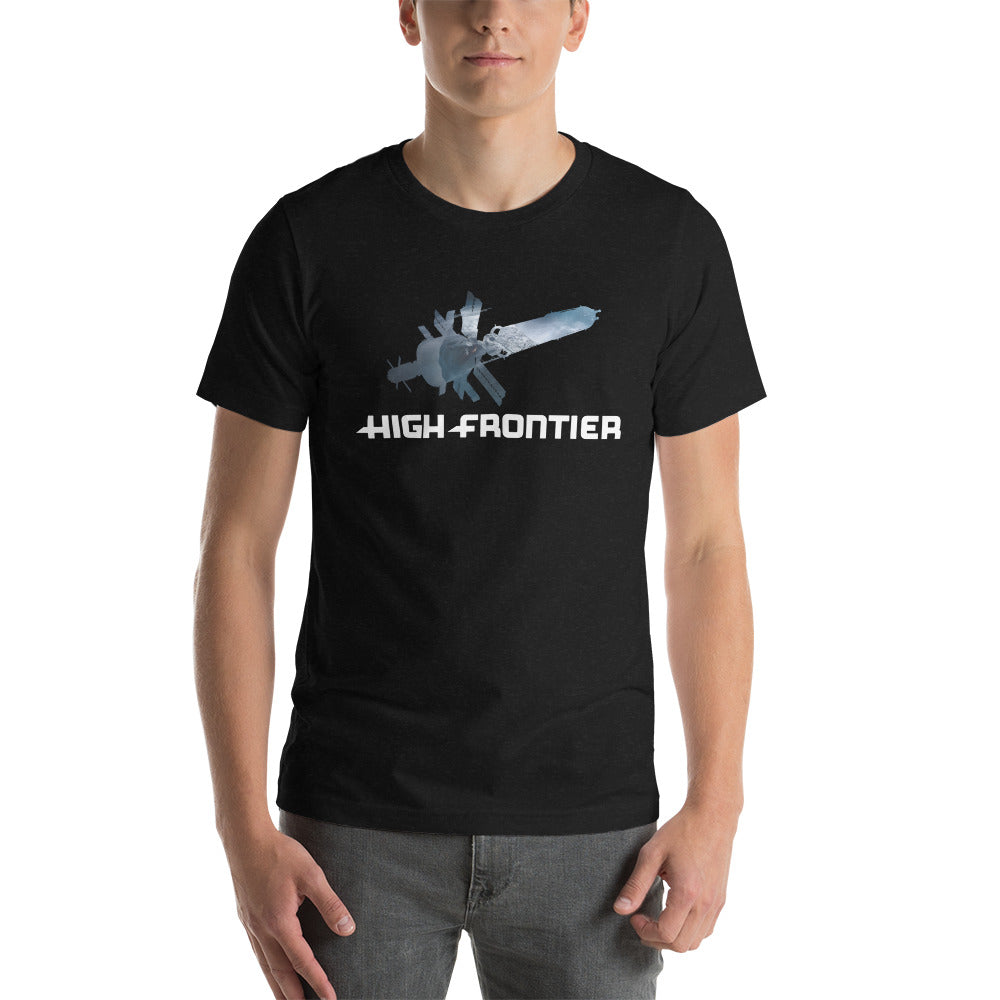 HIGH FRONTIER: Unisex t-shirt - front view in black