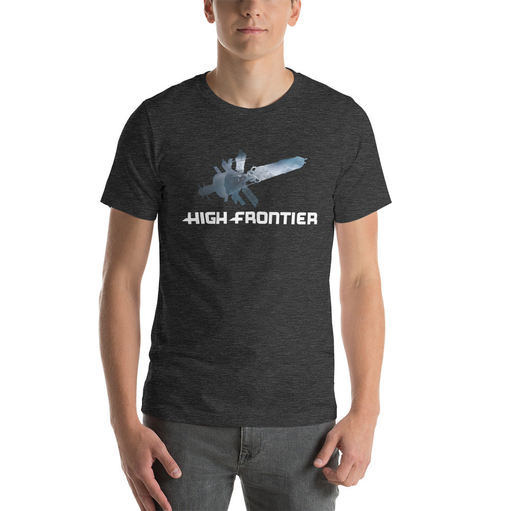 HIGH FRONTIER: Unisex t-shirt - front view in gray